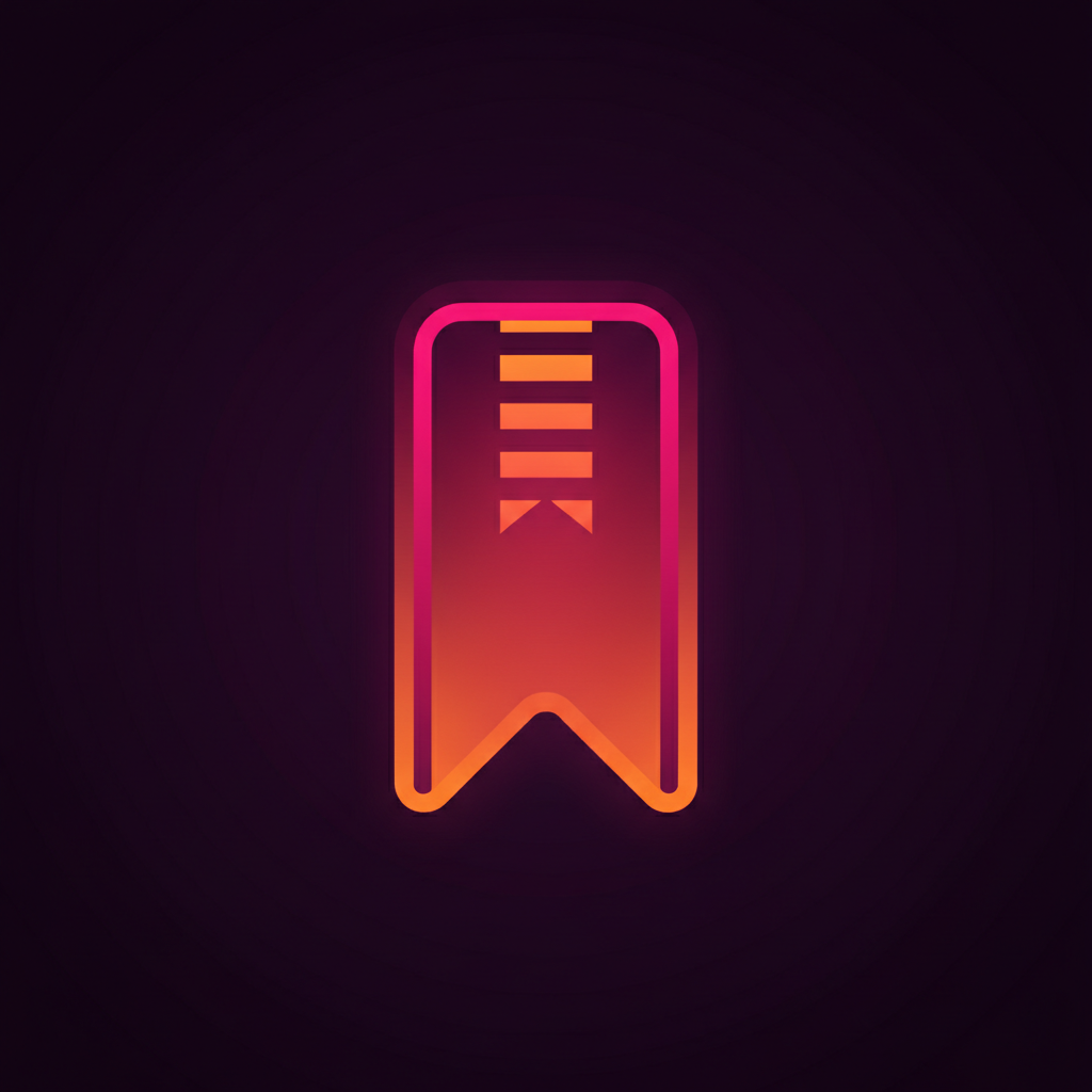 Bookmark icon, dark purple background, magenta and orange accent colors, minimalistic premium digital icon,flat vector style, dark theme, soft gradients, modern SaaS branding, high contrast, centered, no text, no watermark, Dribbble style, Behance style, 1:1 aspect ratio, ultra clean
