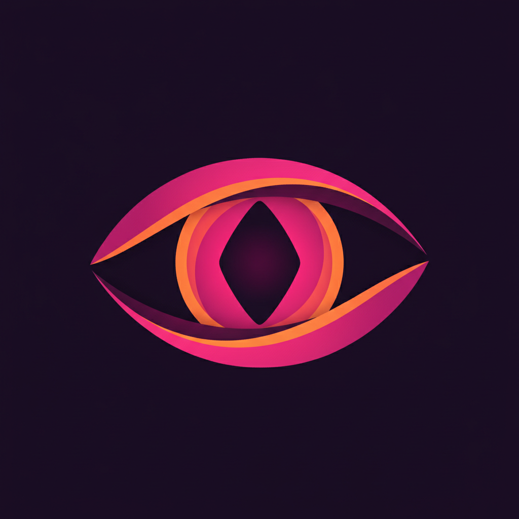Eye icon, dark purple background, magenta and orange accent colors, minimalistic premium digital icon, flat vector style, dark theme, soft gradients, modern SaaS branding, high contrast, centered, no text, no watermark, Dribbble style, Behance style, 1:1 aspect ratio, ultra clean