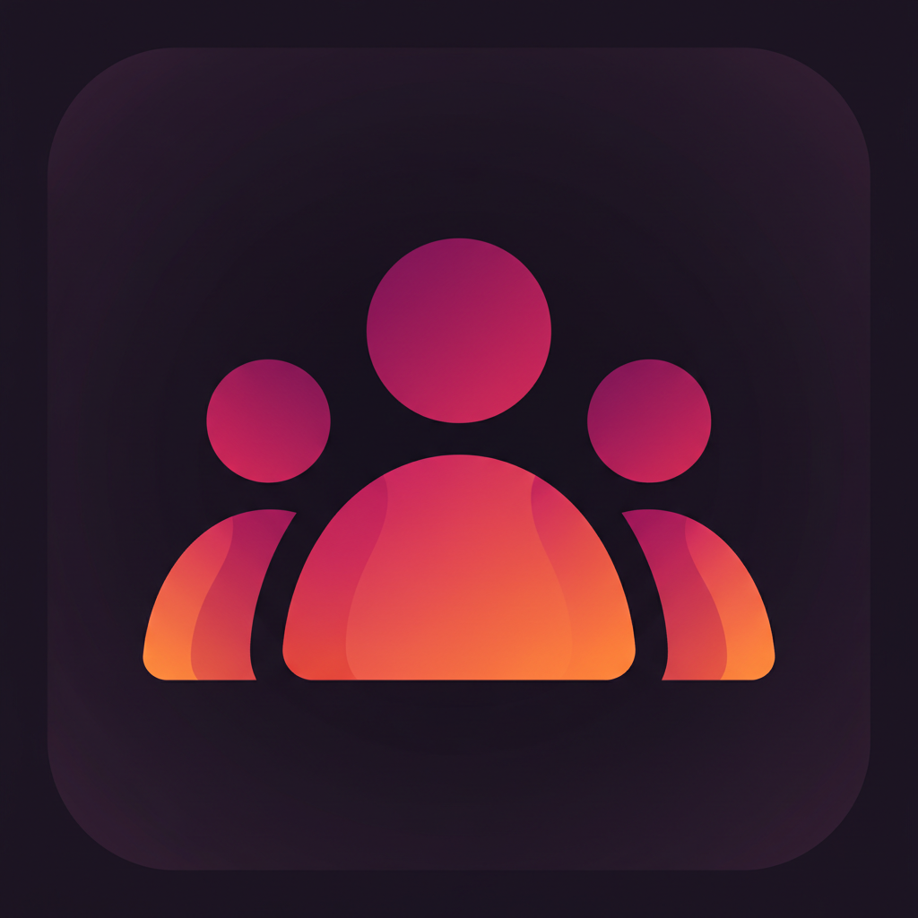 Group of people icon, dark purple background, magenta and orange accent colors, minimalistic premium digital icon, icon, flat vector style, dark theme, soft gradients, modern SaaS branding, high contrast, centered, no text, no watermark, Dribbble style, Behance style, 1:1 aspect ratio, ultra clean
