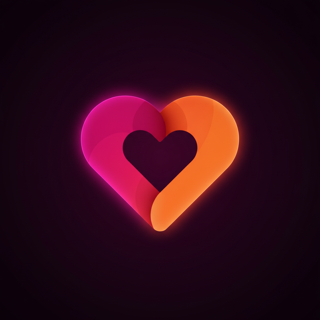 Heart icon, dark purple background, magenta and orange accent colors, minimalistic premium digital icon, flat vector style, dark theme, soft gradients, modern SaaS branding, high contrast, centered, no text, no watermark, Dribbble style, Behance style, 1:1 aspect ratio, ultra clean

