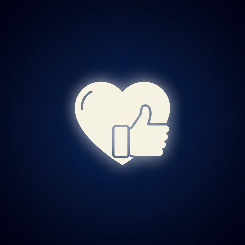 Minimalistic digital icon of a heart and social media like symbol, 
light cream icon on dark blue gradient background, modern flat vector style, 
premium digital branding, soft glow, high contrast, no text, centered, ultra high quality, 1:1
