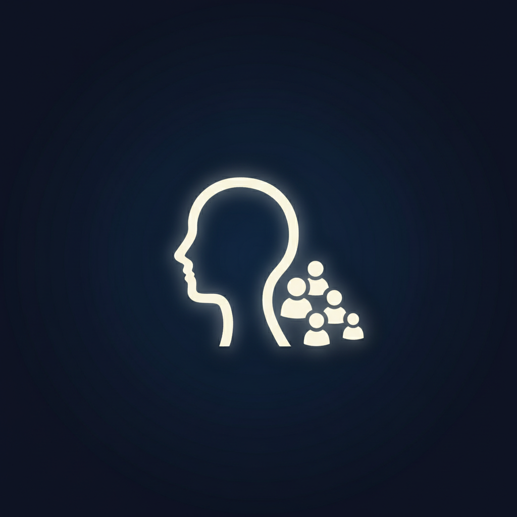 Minimalistic digital icon of a human profile and followers, real people concept, 
light cream icon on dark blue gradient background, modern flat vector style, 
premium digital branding, soft glow, high contrast, no text, centered, ultra high quality, 1:1