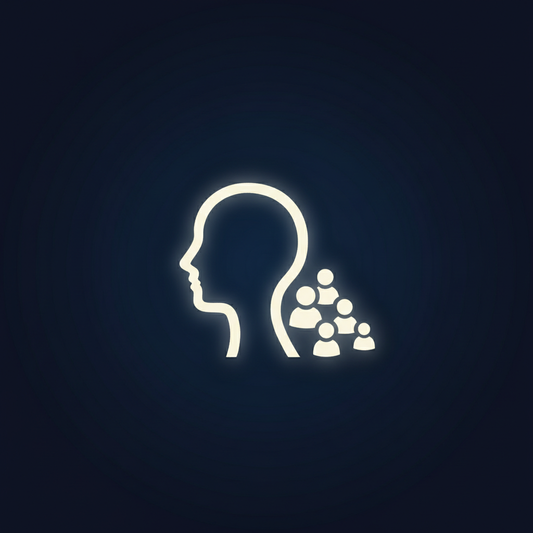 Minimalistic digital icon of a human profile and followers, real people concept, 
light cream icon on dark blue gradient background, modern flat vector style, 
premium digital branding, soft glow, high contrast, no text, centered, ultra high quality, 1:1